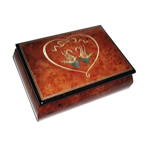 Italian Heart Inlay with Two Swans (1.18) on Elm Music Box