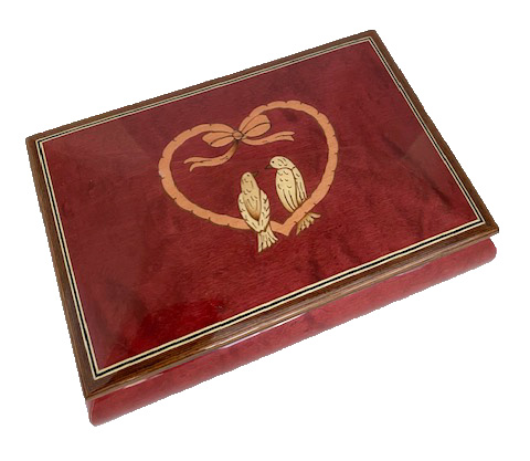 Wine Musical Box with Italian Inlay of lovebirds on ribboned Heart