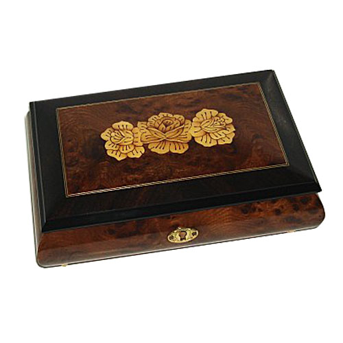 Italian Inlay of Three Flowers on Elm Musical Box with Walnut Border