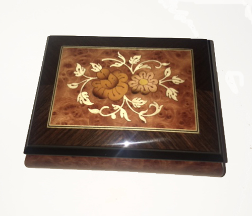 Italian Floral inlay on burl elm music box with walnut border 