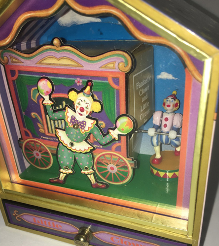 Close up view showing little 3D clown in background of Musical Koji Murai Shadow Box