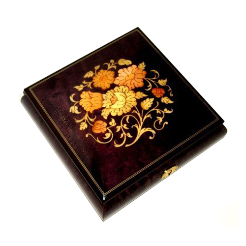 Large Square Purple Musical Box with Italian floral Inlay