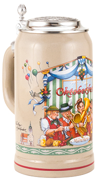 stoneware lidded tankard featuring musicians