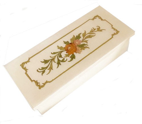 Long and Narrow White Music Box with Floral Pattern