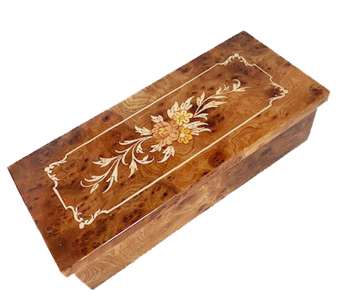 Long and Narrow Musical Box in Natural Burled Elm with Floral Pattern