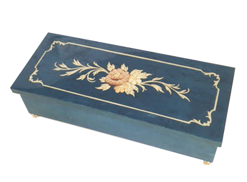Long and Narrow Blue Musical Box with Italian Floral Inlay