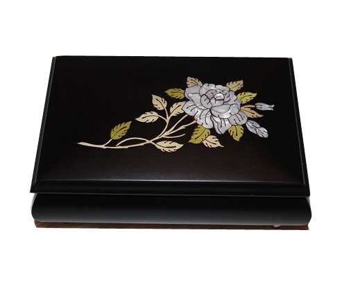 Mother of Pearl Rose on Black Matte Music Box