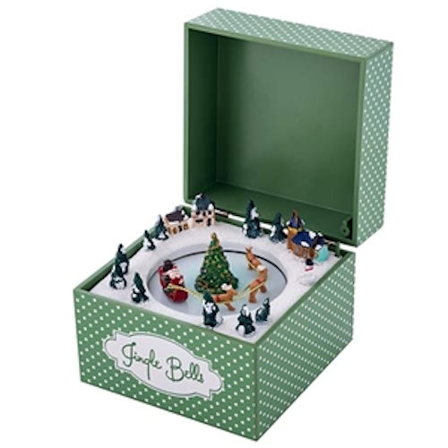 Santa and Christmas Trees in Green Music Box