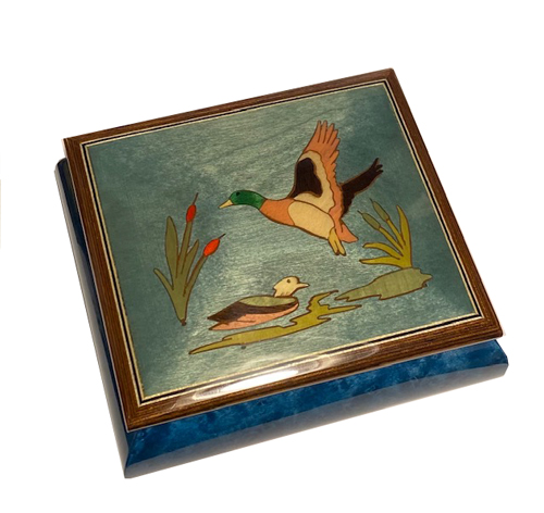 Italian Inlay of Ducks and water scene on blue musical box