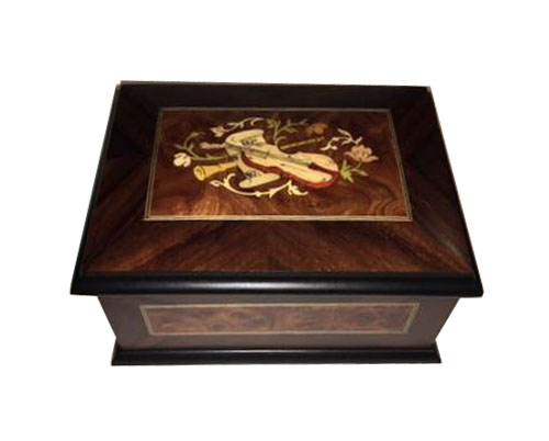 Handsome Walnut Music Box with Burled Elm Panels and instrument inlay