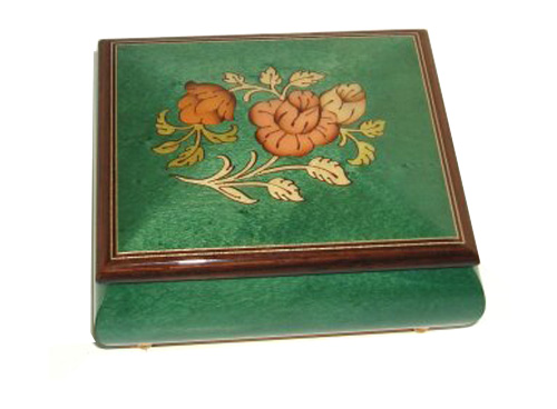 Musical Ring Box with Floral Inlay in Green or Light Blue