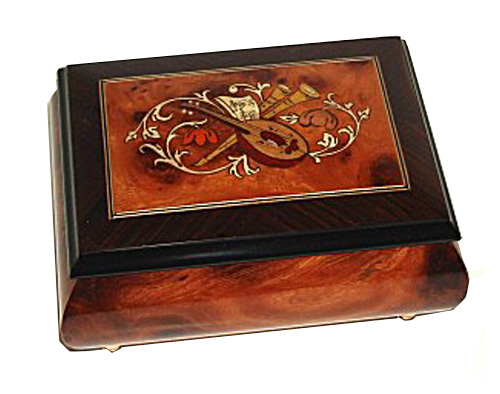 elm box with walnut border features musical instrument inlay
