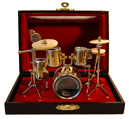 Miniature brass 5 piece drum set in case with window