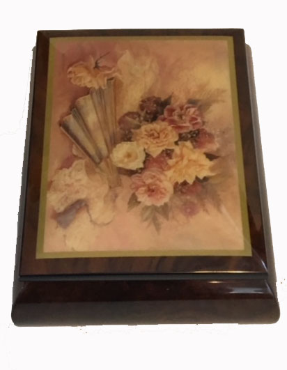 Decoupage Image of Fan and Flowers on Dark Elm Music Box