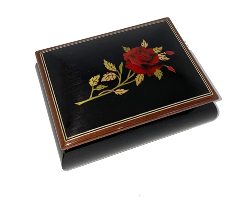 Red Rose Italian Inlay on Black Musical Box