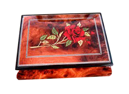 Red Rose with Filetto Border on Glossy Elm Musical Box 