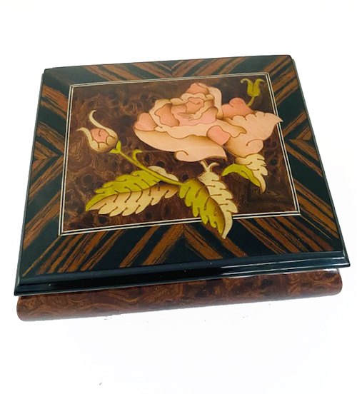 Elm music box with herringbone rosewood border featuring single pink rose.