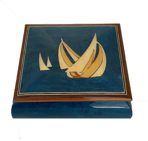 Sail boats Italian inlay on a Blue Music Box