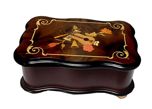 Small upscale scalloped music box with instrumental inlay