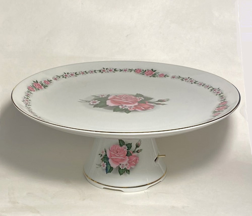 White Porcelain Musical Cake Plate trimmed with Pink Roses