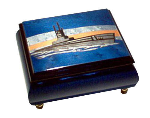 Italian inlay of Ship at Sea on lid of Blue Music Box