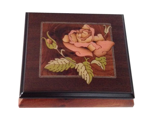 Elm music box with walnut border featuring single pink rose.