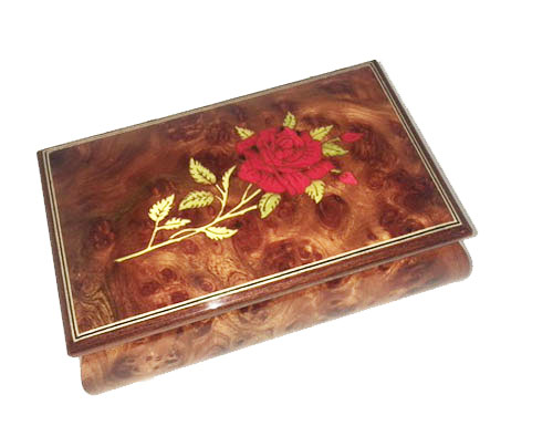 Single Red Rose on Burled Elm music box