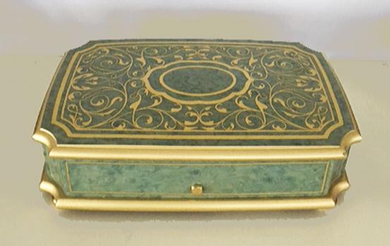 Brass Ornate Scroll Work on Green Bird's Eye Music Box (1.36)