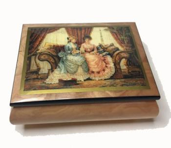 decoupage of two ladies reading letter on elm music box