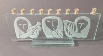 Etchd Glass Menorah with Ancient Women Musician Design