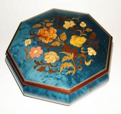 Blue Octagonal Musical Jewelry Box with Floral Inlay