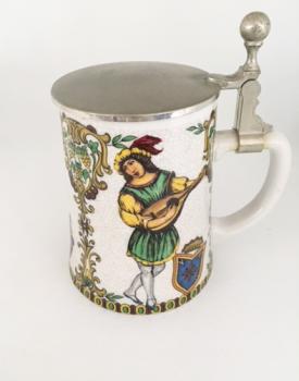 Colorful Porcelain Lidded Beer Stein with Musicians