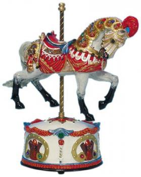 dapple grey carousel horse with red roman armor-like tack