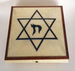 Blue Star of David and Chai on White Music Box