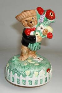 Vintage Teddy Bear  Porcelain Figurine with Flowers