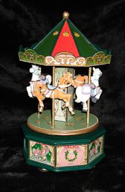 Red and Green Wooden 4 Horse Musical Carousel