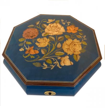 Italian Floral Inlay on Deep Blue Octagonal Music Box