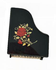 Glossy Black Piano with Single Red Rose Musical Cabinet