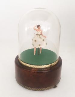 Completely Original Vintage Reuge Ballerina under dome in white dress with Gold Trim