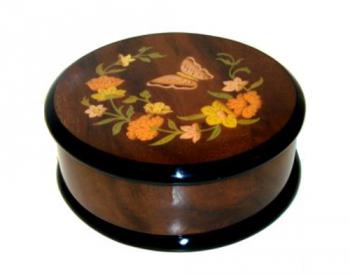 Round Walnut music box with Floral and butterfly inlay