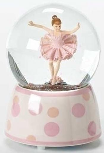 Young Ballerina in Glitter Globe on Pink Polka Dotted White Base