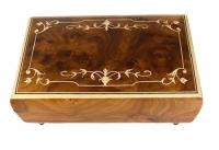 Italian Elm Music Box with Scroll Work Marquetry and Twirling Ballerina