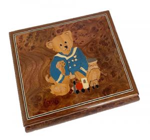 Italian Inlay Teddy Bear and Train Musical Box