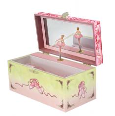 Two young ballerinas, ballet shoes and a kitten adorn the lid of this small Musical Jewelry Box by Enchantmints