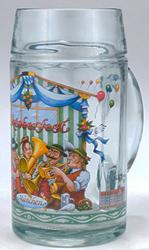 Clear Glass Beer Stein with colorful Octoberfest Musicians