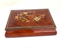 Burled Elm musical box featuring Violin with horns, music and a sprig of flowers