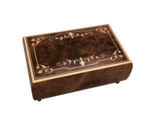 Italian Elm Music Box with Border of Scroll Work Marquetry and Twirling Ballerina