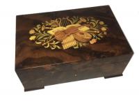 Straight Lined Walnut Cabinet with Floral  and Instrumental Inlay playing 50 note Melodies