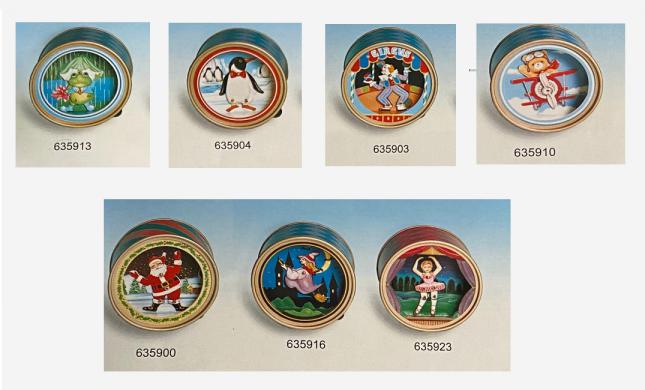 selection of miniature shadow boxes , Frog in Rain,,Penguin, Clown,Teddy Bear Pilot, Santa, Witch on broom, Cute Ballerina. 