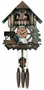 Carved Musical Cottage Cuckoo Clock with Dancers and Waterwheel